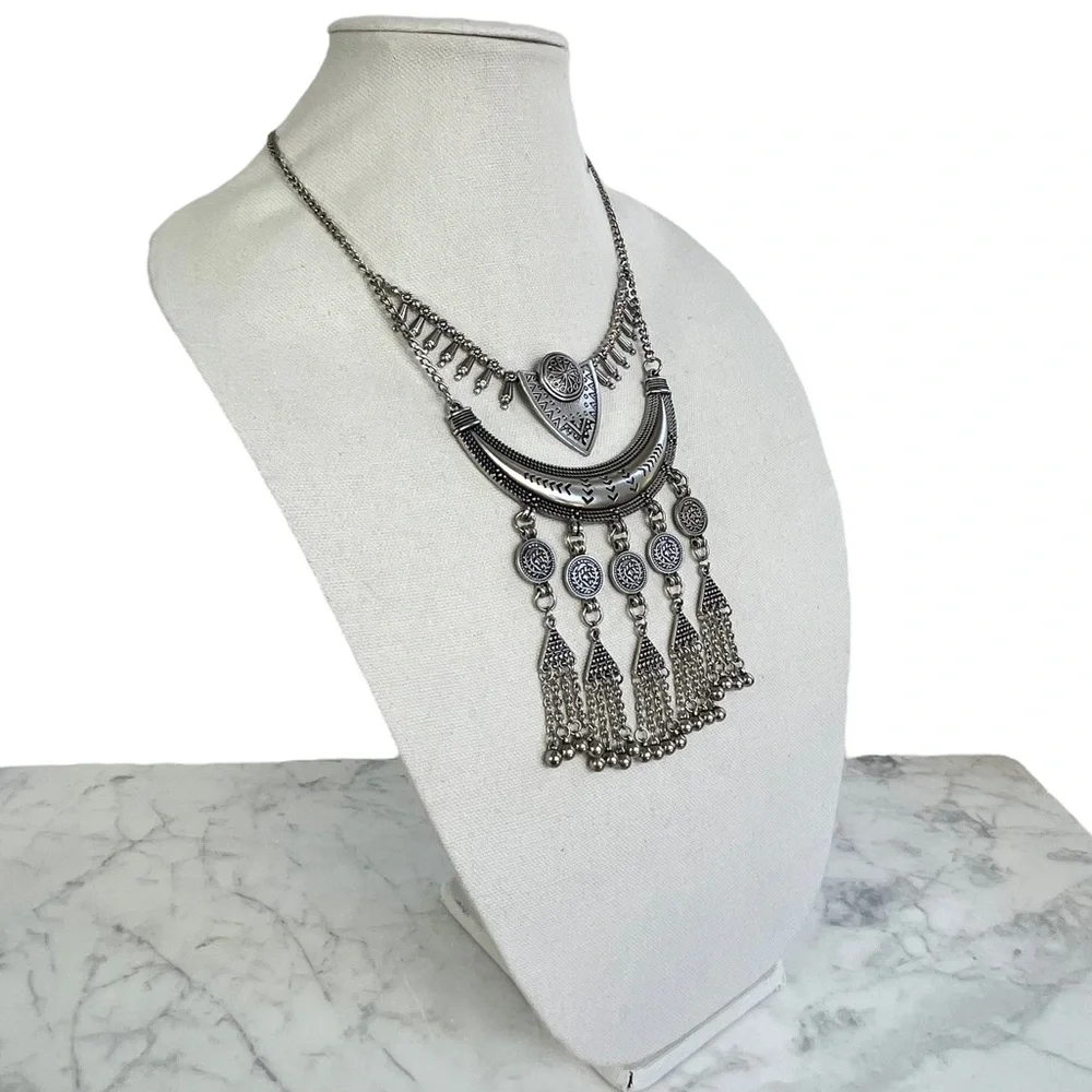 Southwestern Style Silver Toned Boho Statement Necklace
